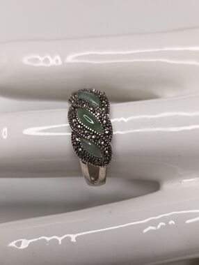 Sterling Silver Green Jade And Marcasite Ring - Size 9